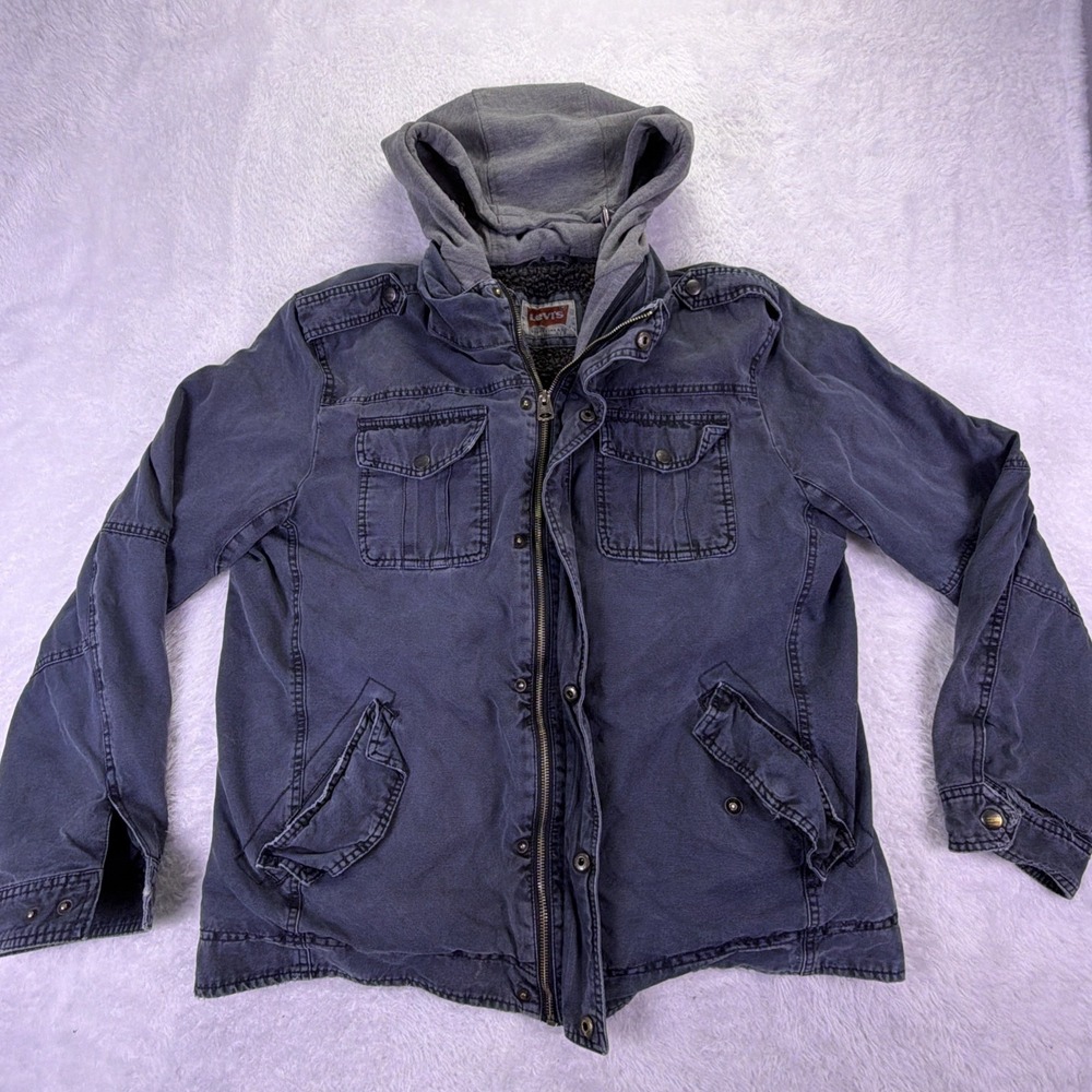 Levi's Trucker Jacket Men's L Faded Navy Removable Sherpa Liner - Distressed